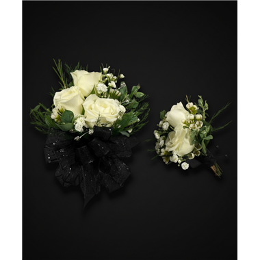 Prom Deluxe Diamond Spray Black Wrist Corsage & Boutonniere Set