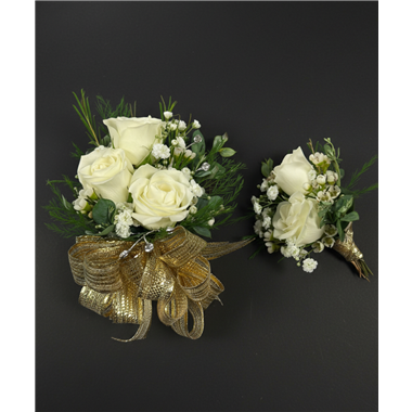 Prom Deluxe Diamond Spray Rose Gold Corsage & Boutonniere Set